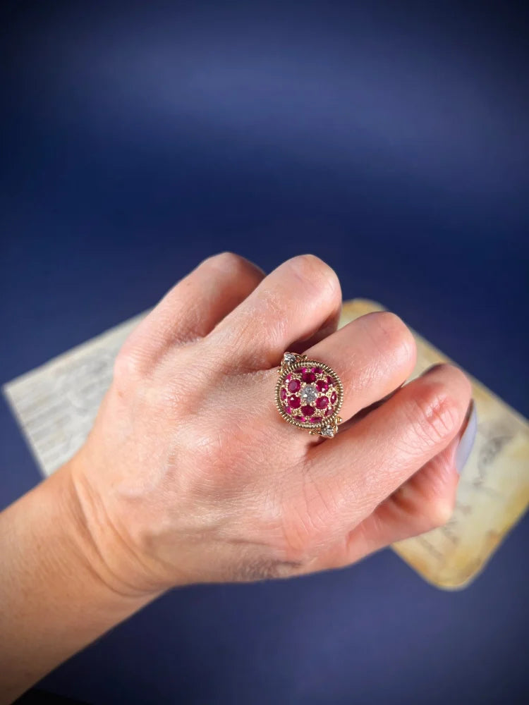 Vintage 1940s Ruby and Diamond Bombe Cluster Ring