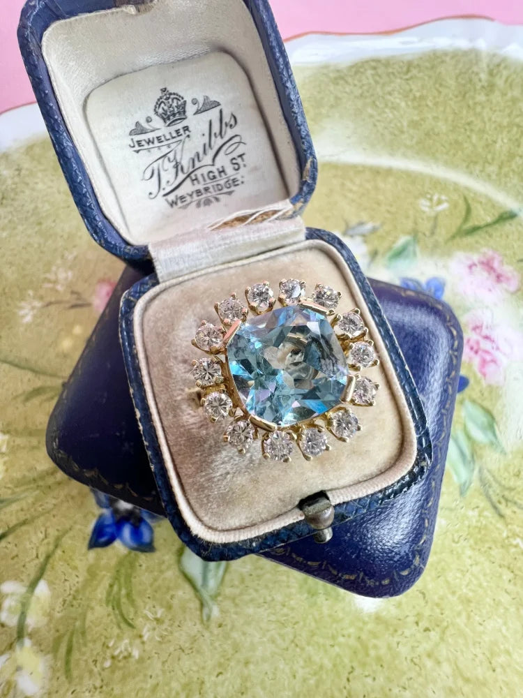 Vintage 18 Carat Yellow Gold Blue Topaz And Diamond Statement Ring