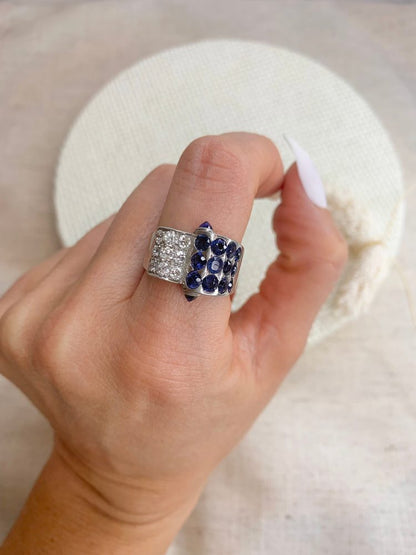 Vintage Old Cut Diamond And Sapphire Cocktail Ring In Platinum