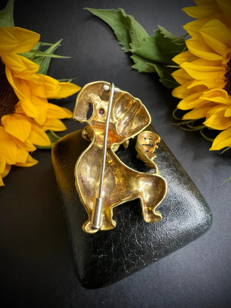 Vintage 18ct Gold Dog Brooch with Diamond Ruby and Enamel
