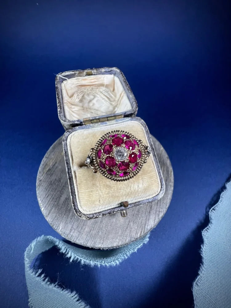 Vintage 1940s Ruby and Diamond Bombe Cluster Ring
