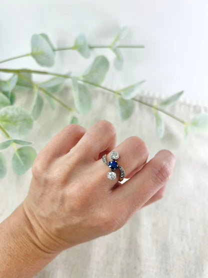 Antique Belle Époque Sapphire And Diamond Trilogy Ring In 18 Carat Yellow Gold