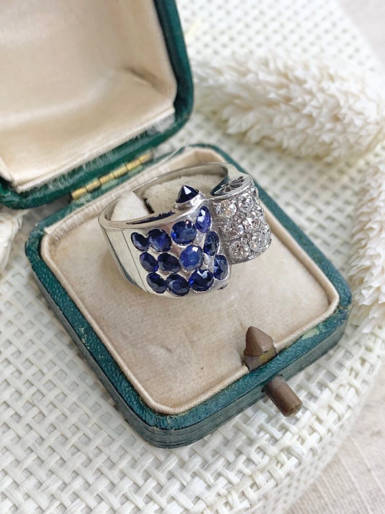 Vintage Old Cut Diamond And Sapphire Cocktail Ring In Platinum