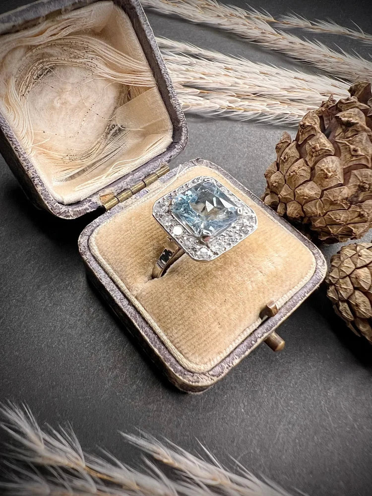 Art Deco Square Cut Aquamarine and Diamond Cluster Ring