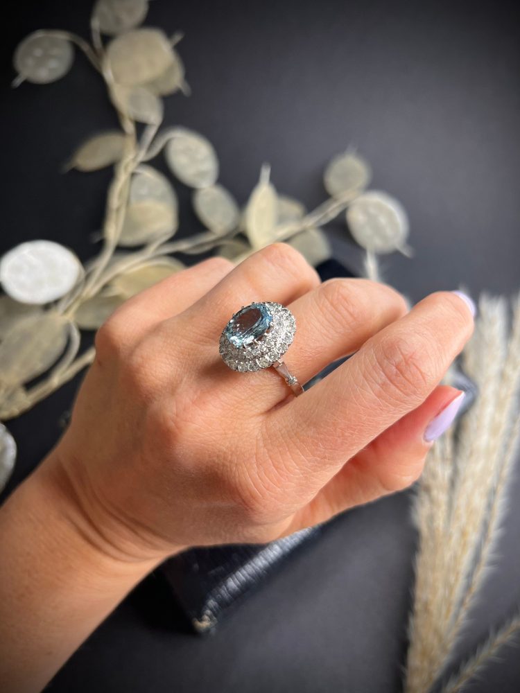 Vintage 18ct White Gold Aquamarine and Diamond Tiered Dress Ring