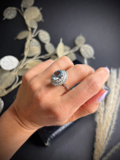 Vintage 18ct White Gold Aquamarine and Diamond Tiered Dress Ring