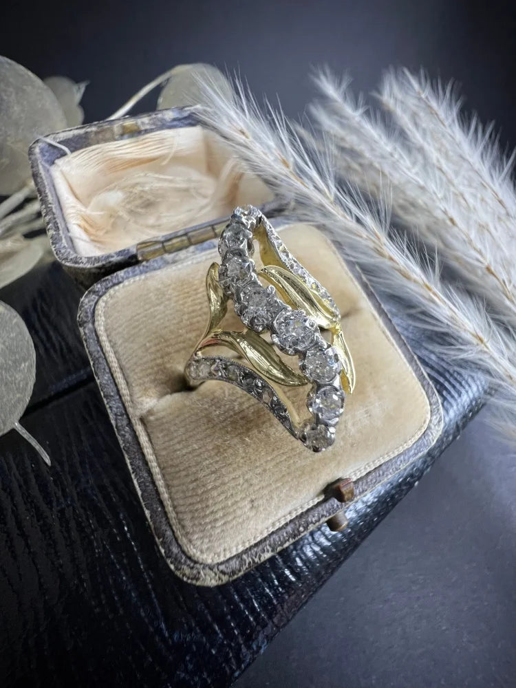 Antique Art Nouveau Old Cut Diamond Ring In 18 Carat Yellow And White Gold