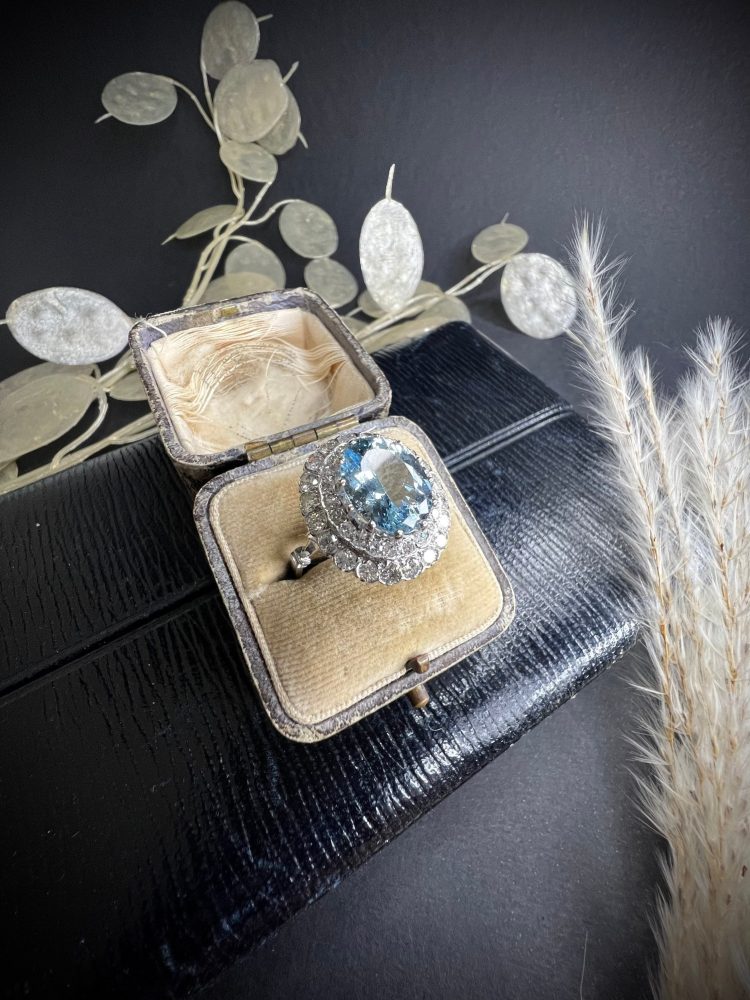 Vintage 18ct White Gold Aquamarine and Diamond Tiered Dress Ring