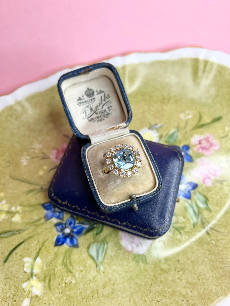 Vintage 18 Carat Yellow Gold Blue Topaz And Diamond Statement Ring
