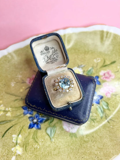Vintage 18 Carat Yellow Gold Blue Topaz And Diamond Statement Ring