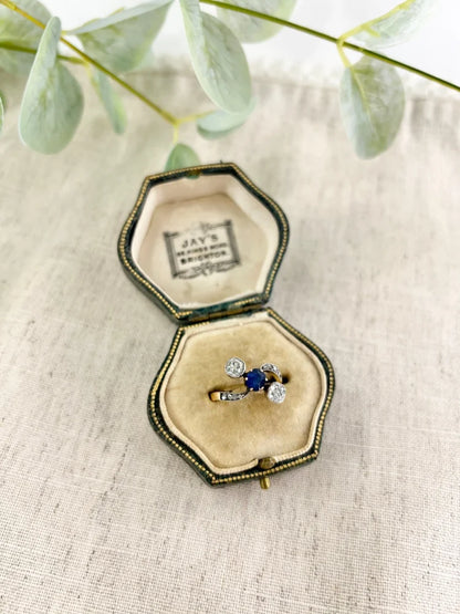 Antique Belle Époque Sapphire And Diamond Trilogy Ring In 18 Carat Yellow Gold