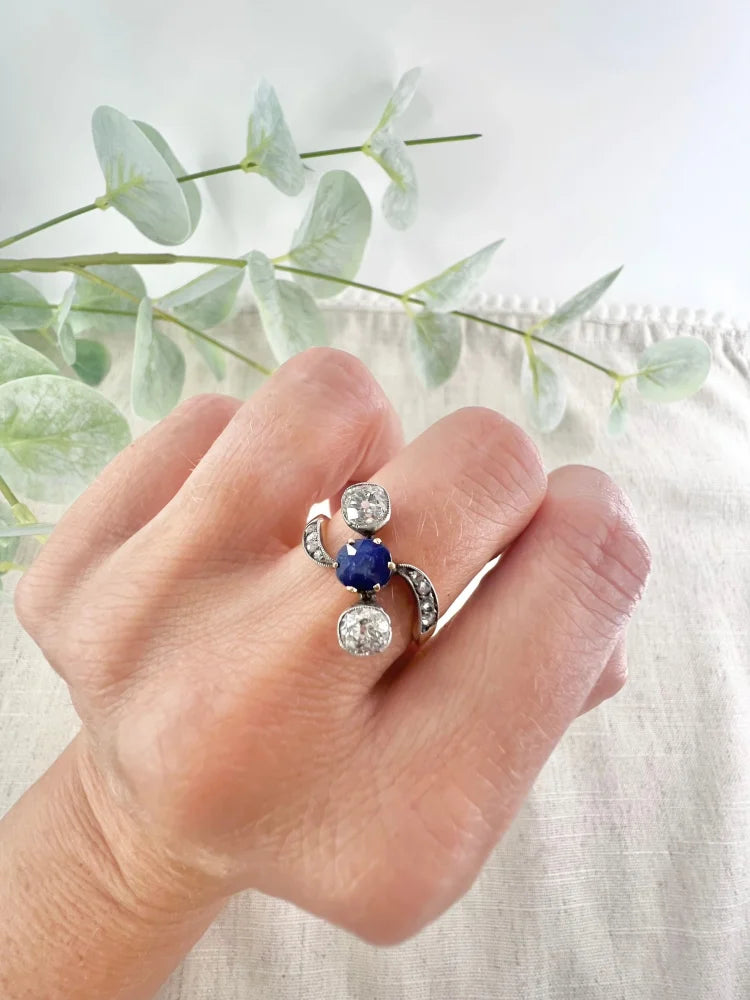 Antique Belle Époque Sapphire And Diamond Trilogy Ring In 18 Carat Yellow Gold
