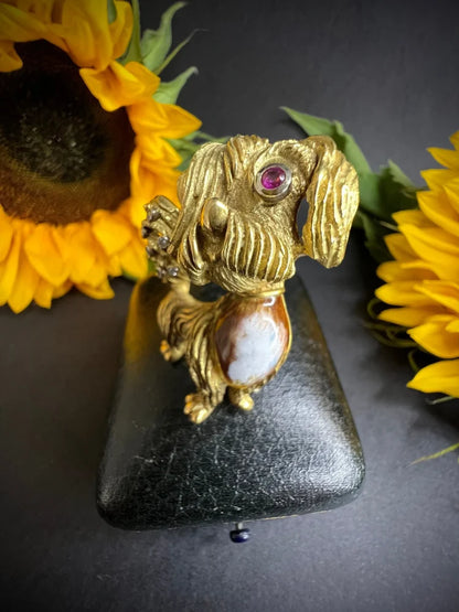 Vintage 18ct Gold Dog Brooch with Diamond Ruby and Enamel