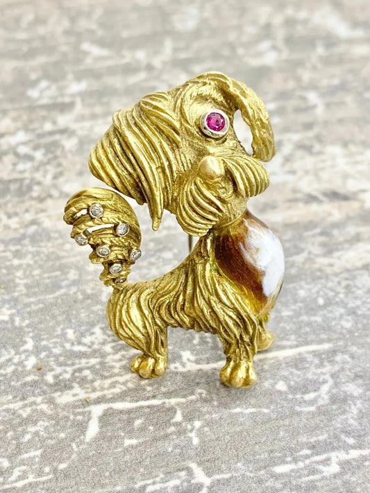 Vintage 18ct Gold Dog Brooch with Diamond Ruby and Enamel