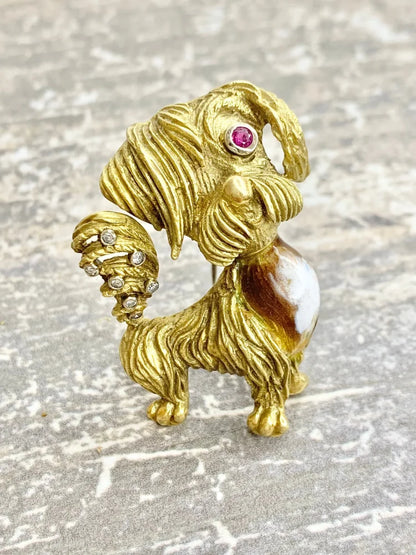 Vintage 18ct Gold Dog Brooch with Diamond Ruby and Enamel