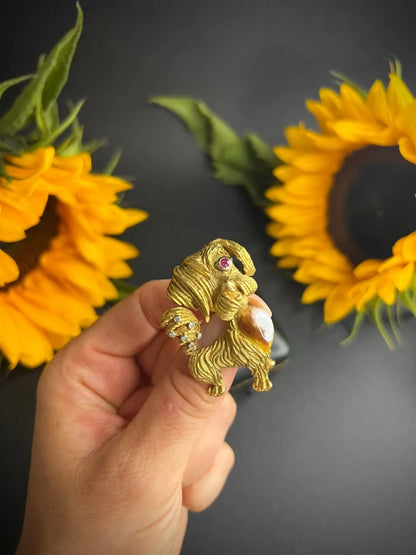 Vintage 18ct Gold Dog Brooch with Diamond Ruby and Enamel