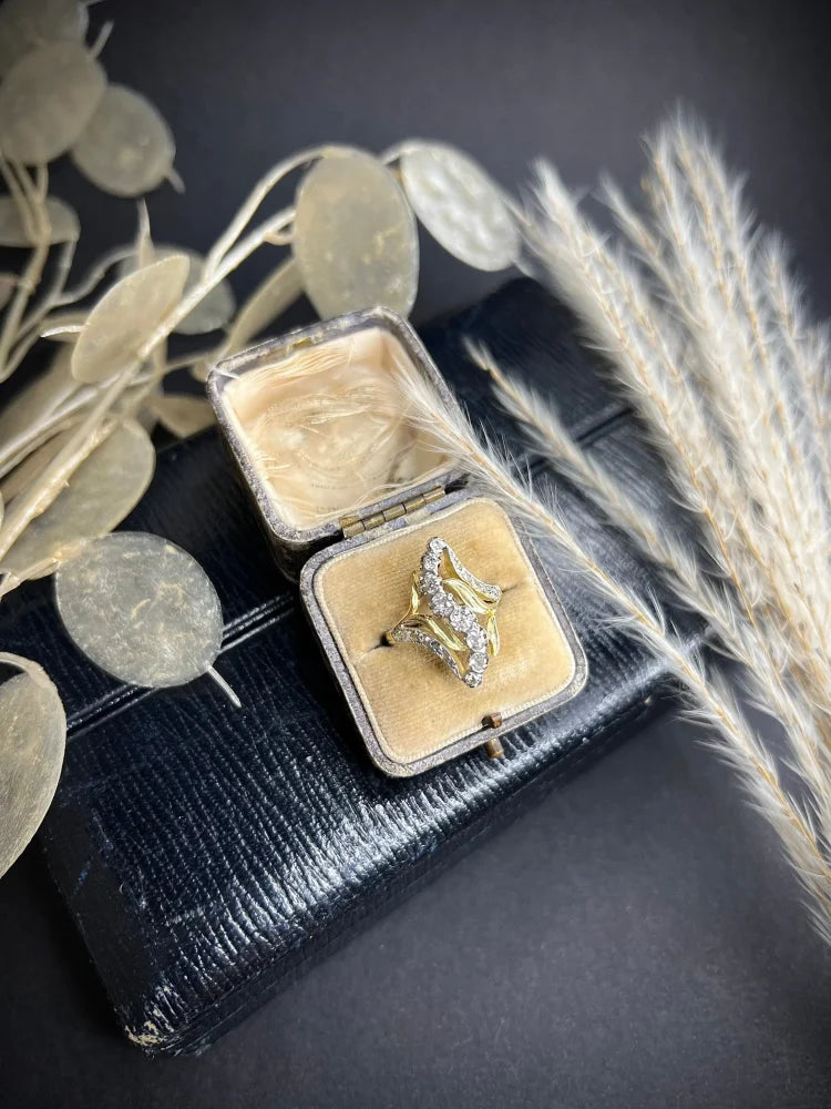 Antique Art Nouveau Old Cut Diamond Ring In 18 Carat Yellow And White Gold