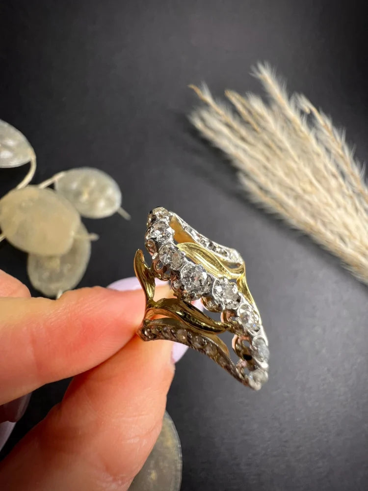 Antique Art Nouveau Old Cut Diamond Ring In 18 Carat Yellow And White Gold