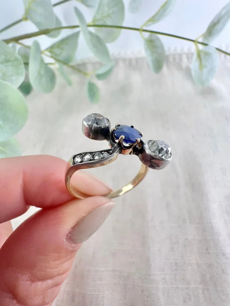 Antique Belle Époque Sapphire And Diamond Trilogy Ring In 18 Carat Yellow Gold