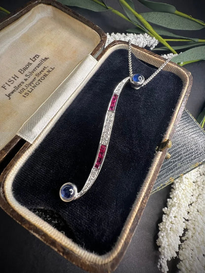 Contemporary 18 Carat White Gold, Sapphire, Ruby, And Diamond Pendant Necklace