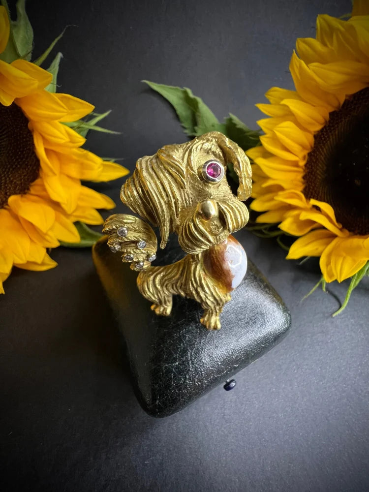 Vintage 18ct Gold Dog Brooch with Diamond Ruby and Enamel