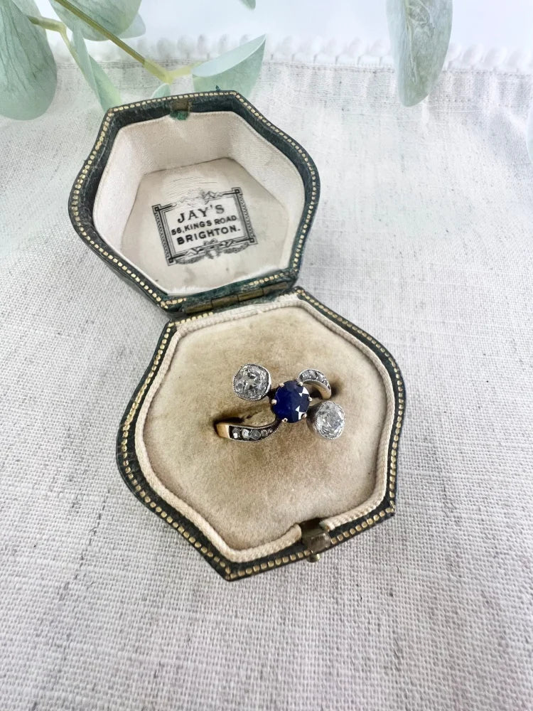 Antique Belle Époque Sapphire And Diamond Trilogy Ring In 18 Carat Yellow Gold