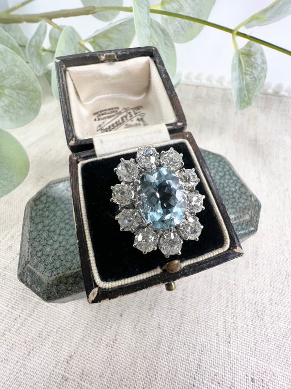 Antique French Art Deco Oval Aquamarine and 3ct Old Cut Diamond Floral Cluster Ring in 18ct White Gold