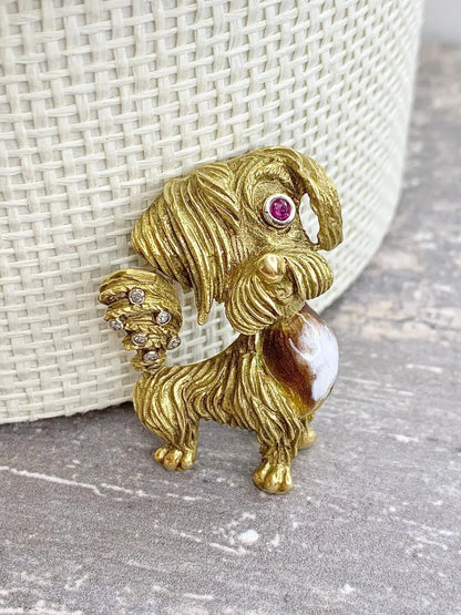 Vintage 18ct Gold Dog Brooch with Diamond Ruby and Enamel