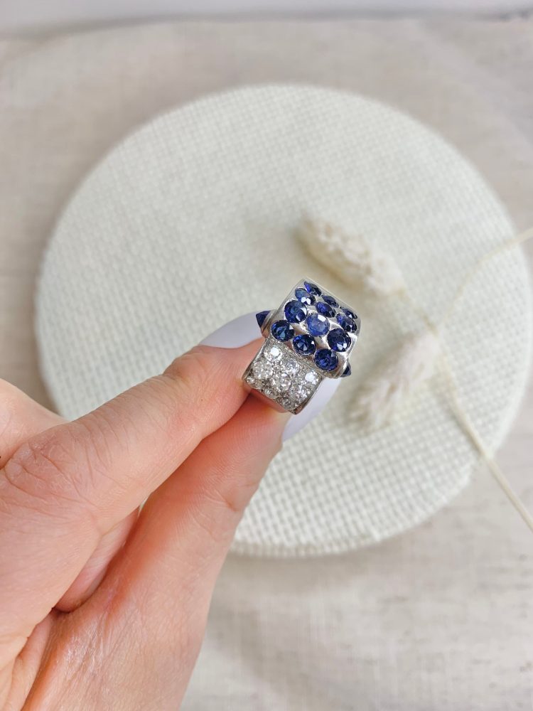 Vintage Old Cut Diamond And Sapphire Cocktail Ring In Platinum