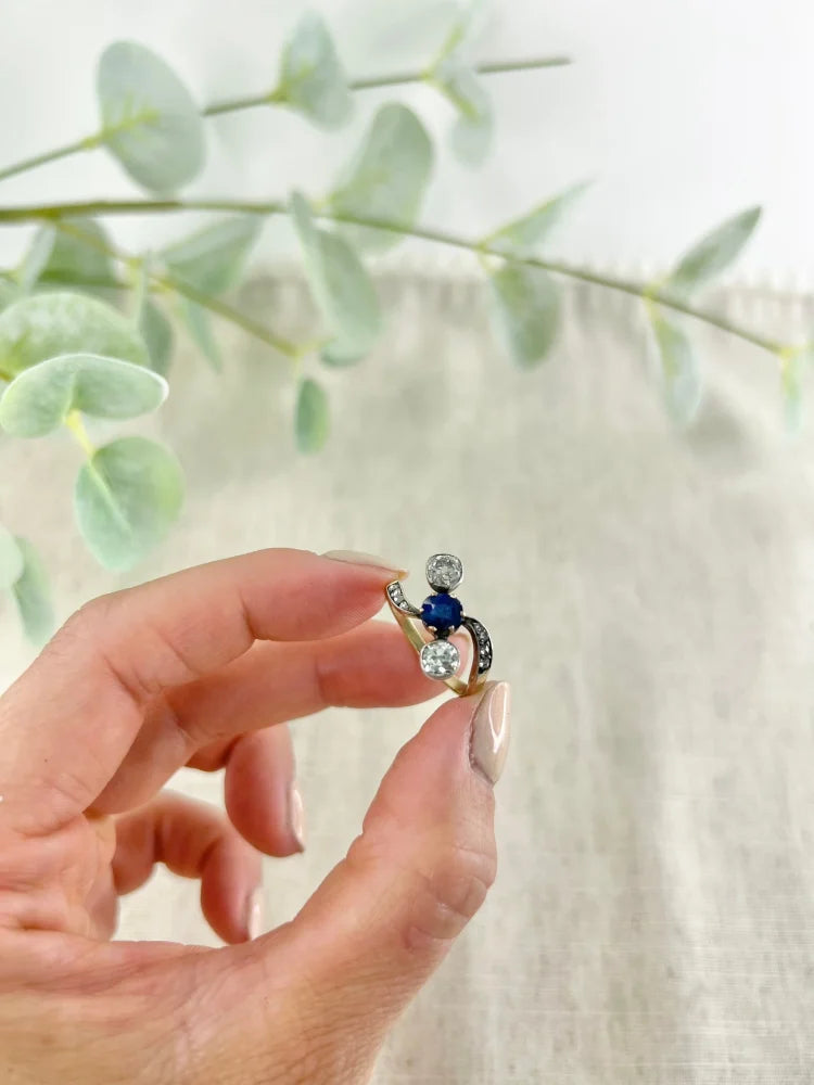 Antique Belle Époque Sapphire And Diamond Trilogy Ring In 18 Carat Yellow Gold