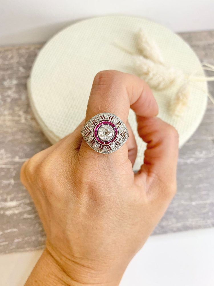Antique Art Deco Old Cut Diamond And Ruby Target Ring In 18 Carat Yellow And White Gold