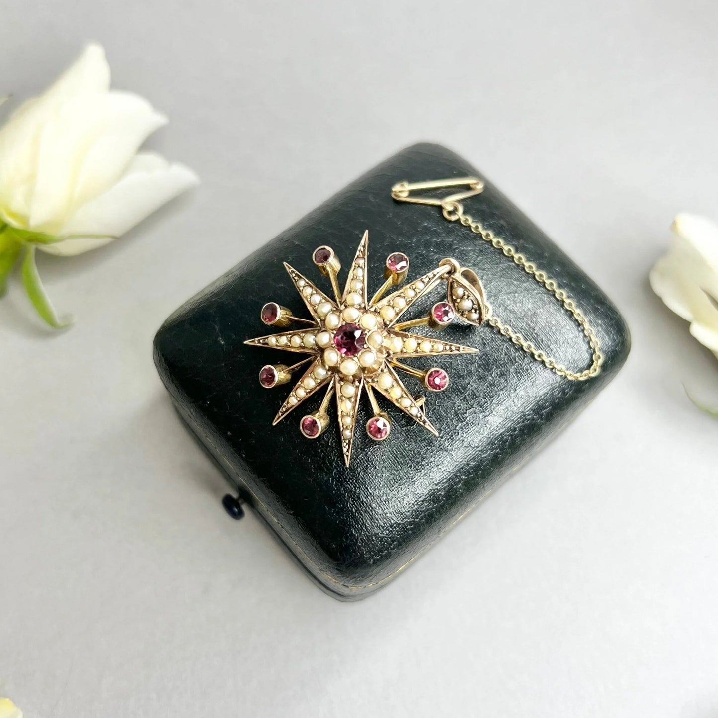 Antique 9ct Rose Gold, Edwardian Garnet & Pearl Star Brooch/Pendant