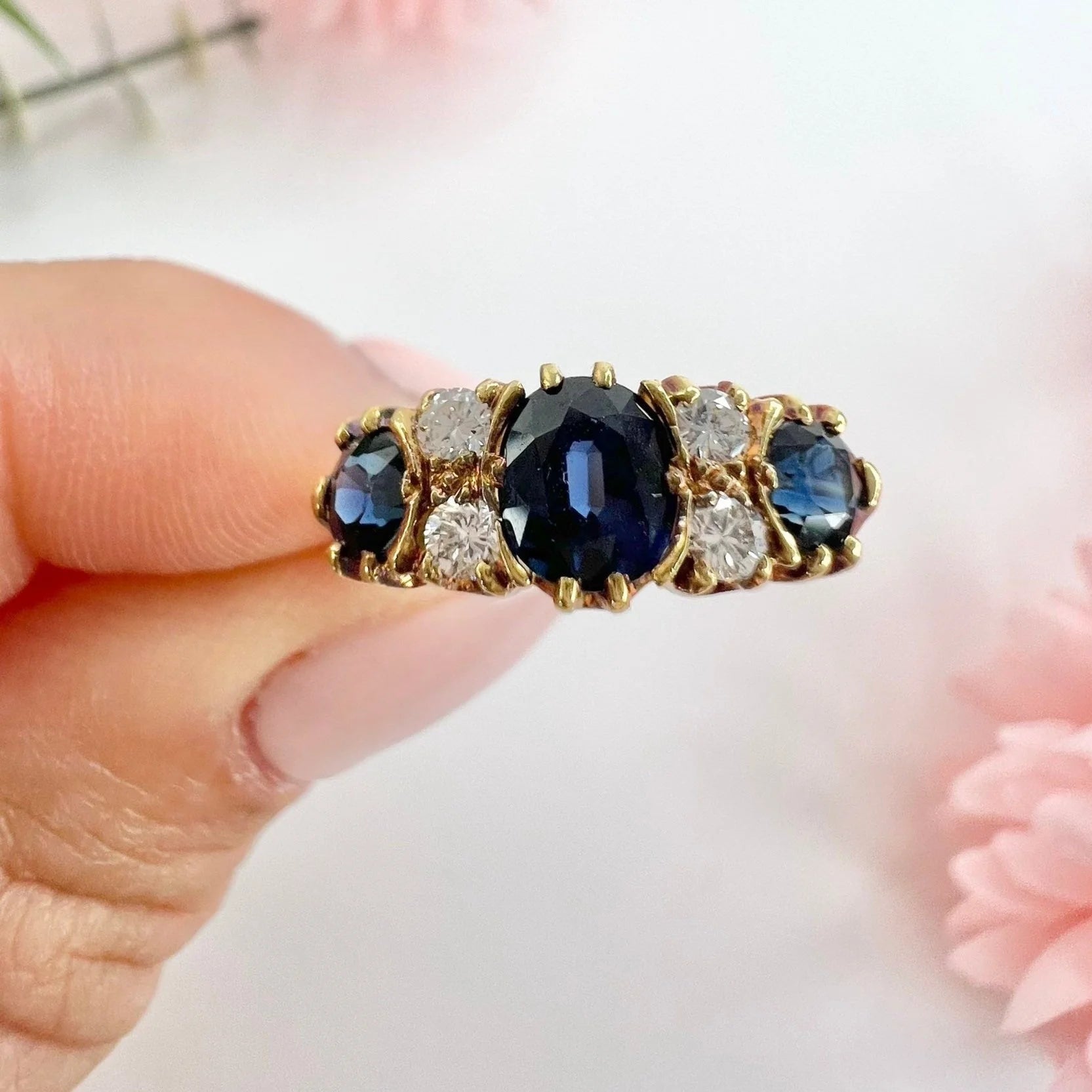 Vintage 18ct Yellow Gold, Sapphire And Diamond Seven Stone Engagement Ring