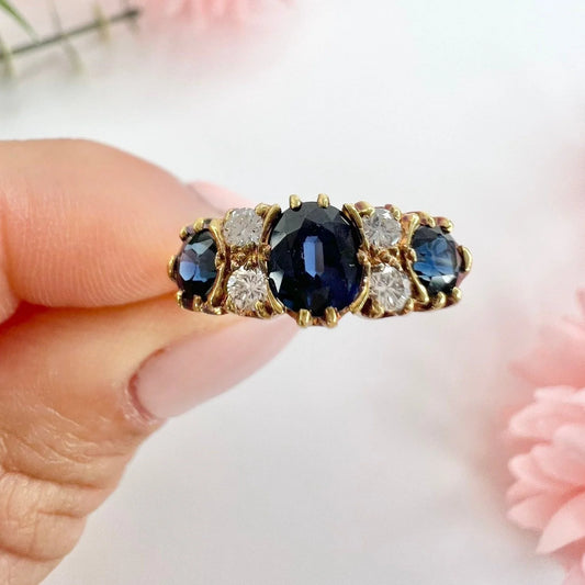 Vintage 18ct Yellow Gold, Sapphire & Diamond Seven Stone Ring, Hallmarked London 1983