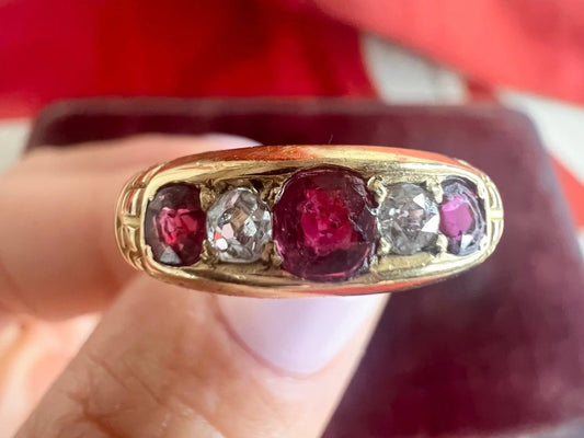 Antique 18 ct Yellow Gold Victorian Ruby And Diamond Gypsy Ring