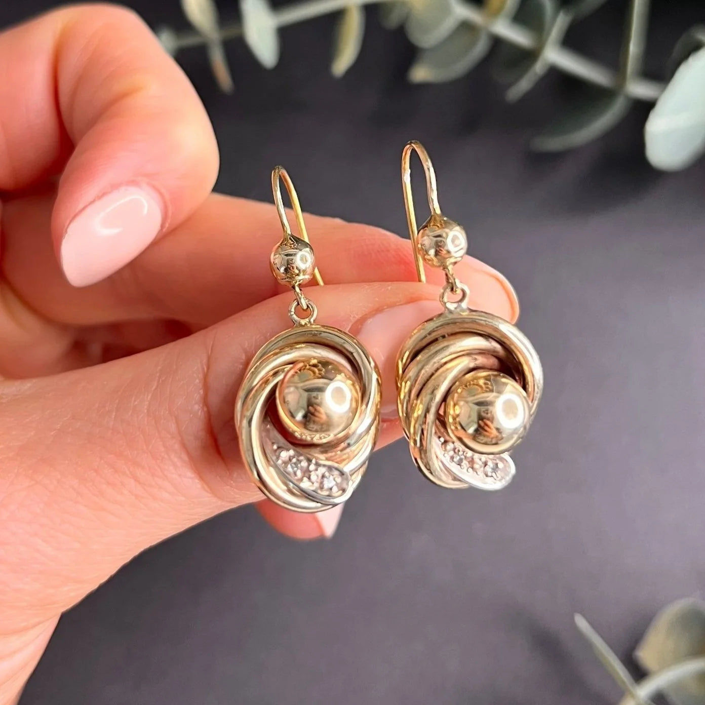 Antique 9ct Gold Edwardian Snake & Ball Diamond Set Earrings