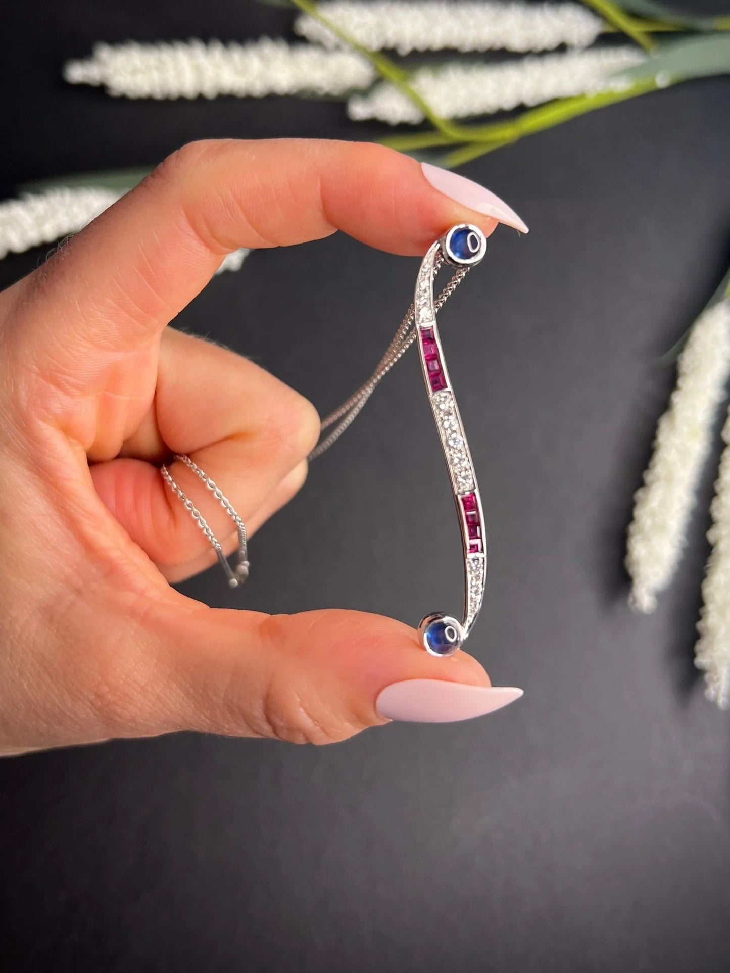Contemporary 18ct White Gold, Sapphire, Ruby, Diamond Swirl Pendant Necklace