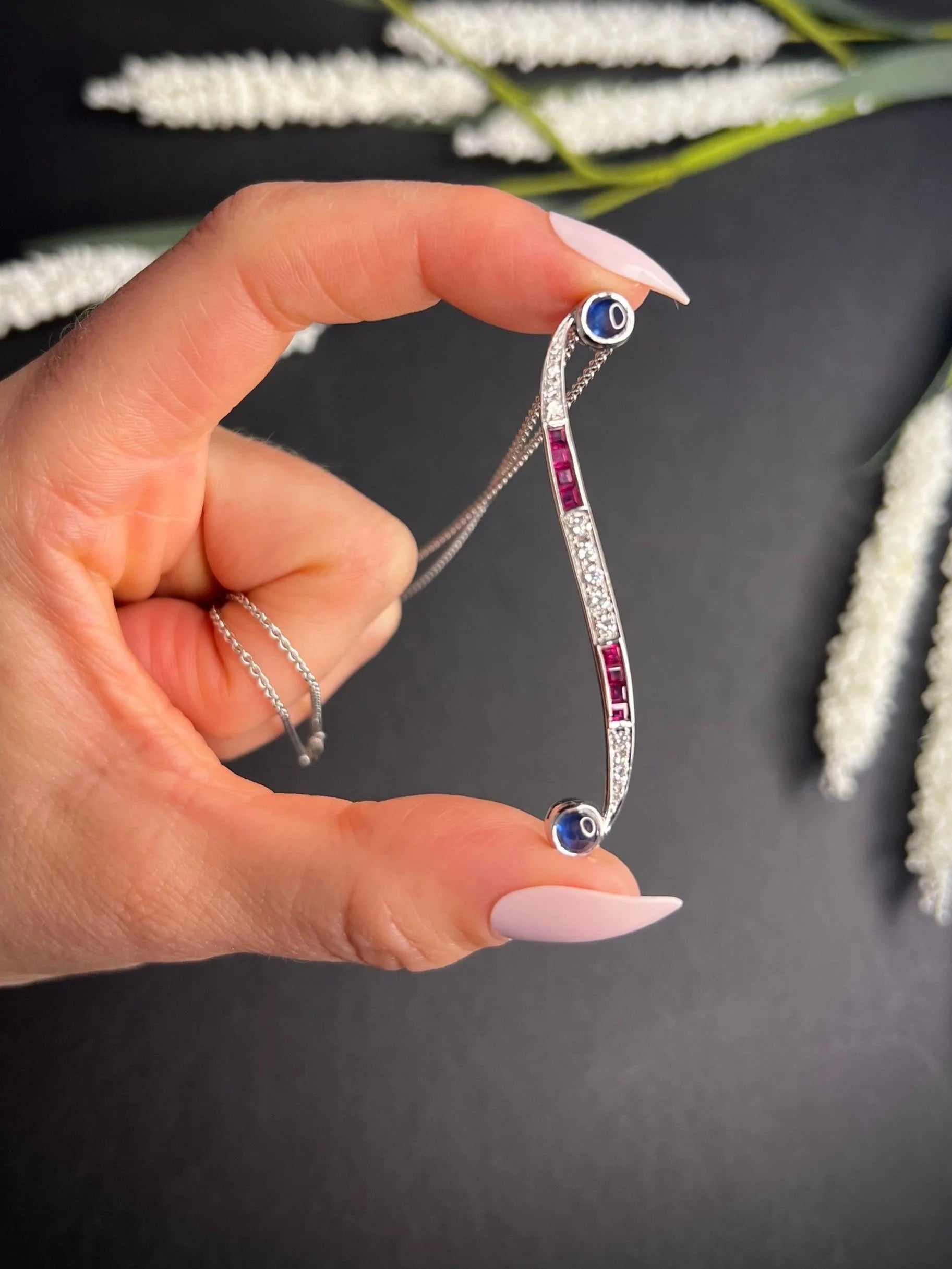 Contemporary 18ct White Gold, Sapphire, Ruby, Diamond Swirl Pendant Necklace