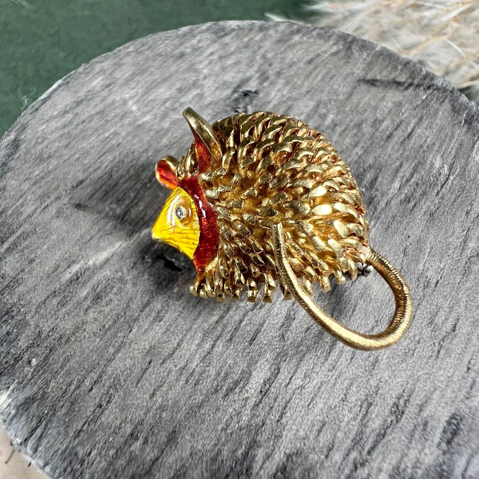 Vintage 18 Carat Yellow Gold and Enamel Hedgehog Brooch, Circa 1960