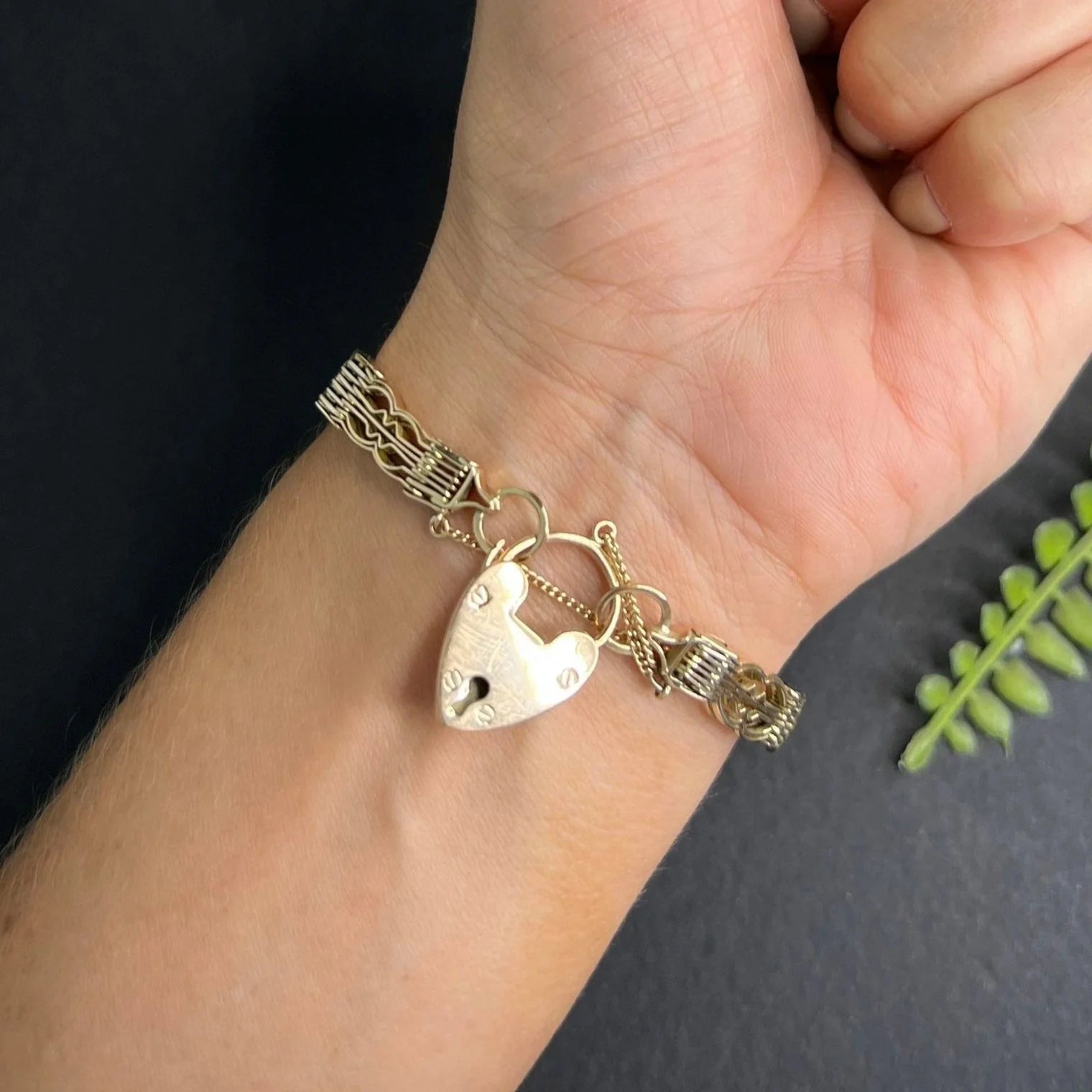 Vintage 9 Carat Rose Gold Gate Bracelet with Heart Padlock, Circa 1970