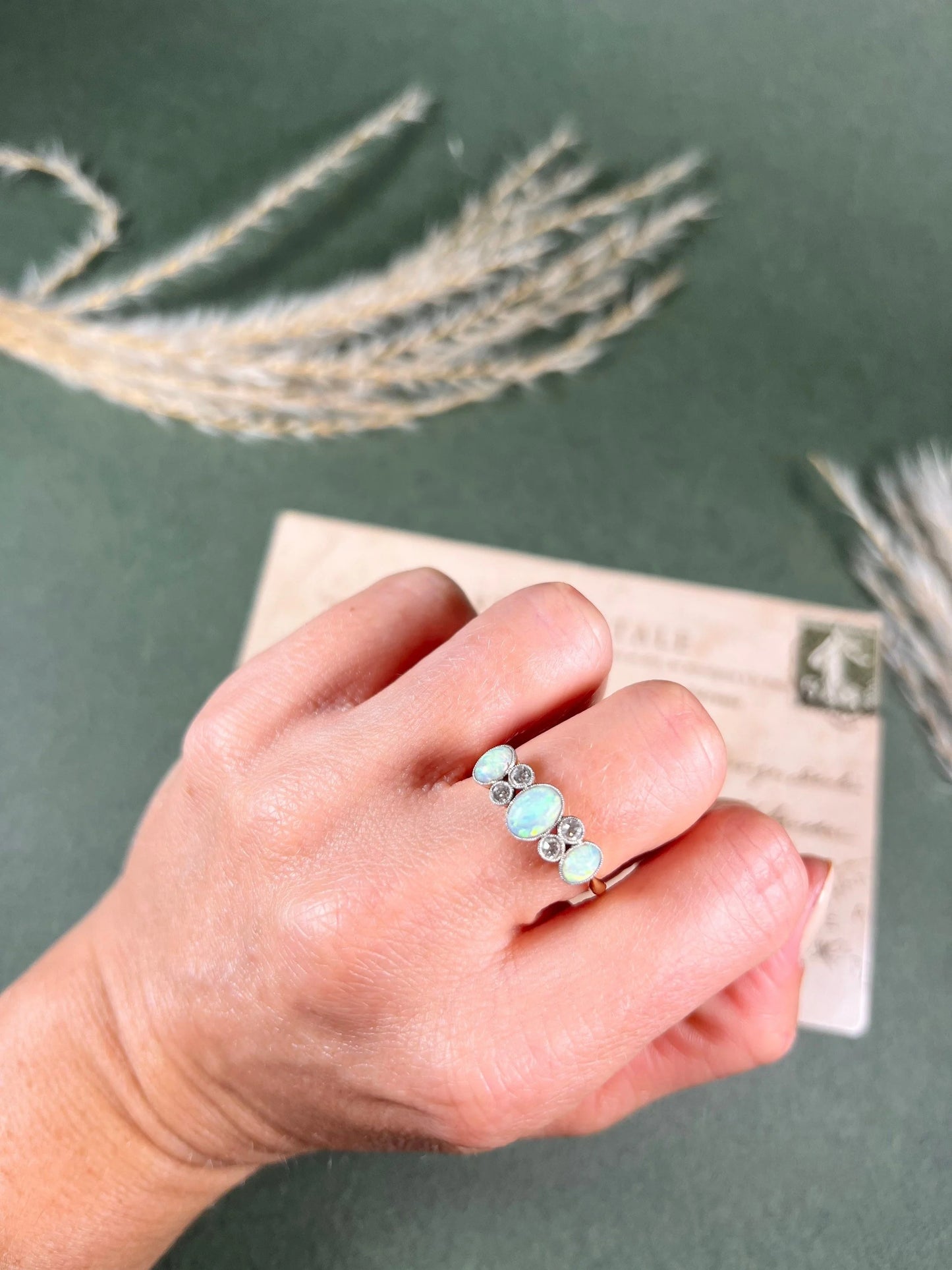 Antique 18 Carat Yellow Gold, Platinum, Opal and Diamond Ring, Circa 1920