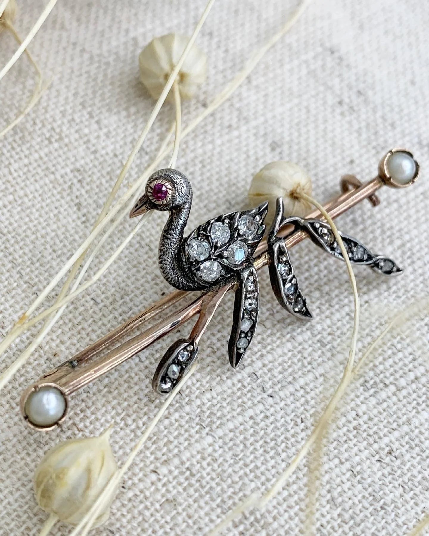Victorian Gold, Silver, Diamond and Seed Pearl Swan Brooch, Circa 1880