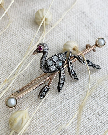 Victorian Gold, Silver, Diamond and Seed Pearl Swan Brooch, Circa 1880