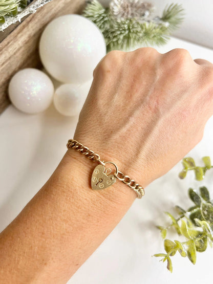 Antique 9 ct Rose Gold Edwardian Curb Link Heart Padlock Bracelet