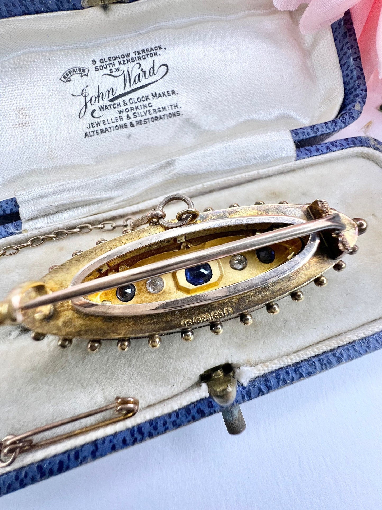 Antique 15 Carat Yellow Gold Sapphire and Diamond Brooch, Hallmarked Birmingham 1895