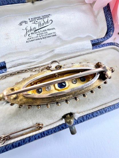 Antique 15 Carat Yellow Gold Sapphire and Diamond Brooch, Hallmarked Birmingham 1895