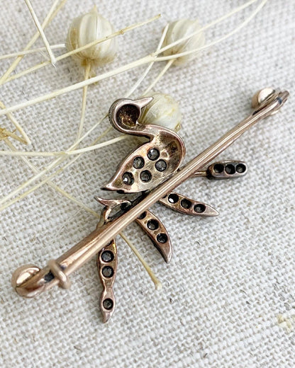 Victorian Gold, Silver, Diamond and Seed Pearl Swan Brooch, Circa 1880