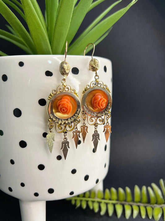 Antique 15 Carat Gold, Victorian Rose Carved Coral Earrings