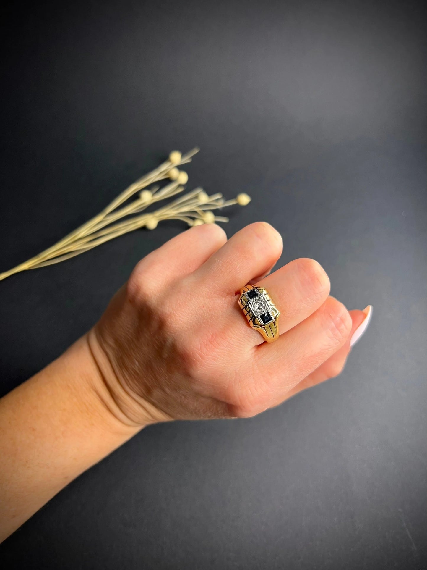 Vintage 18 Carat Gold Sapphire and Diamond Cocktail Ring, Circa 1940