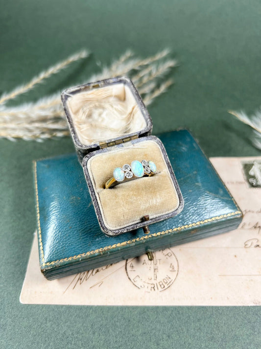 Antique 18 Carat Yellow Gold, Platinum, Opal and Diamond Ring, Circa 1920